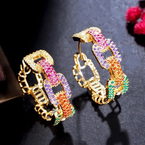 Multi Colored CZ Chain Link Gold Hoop Earrings - Picture 4 of 6